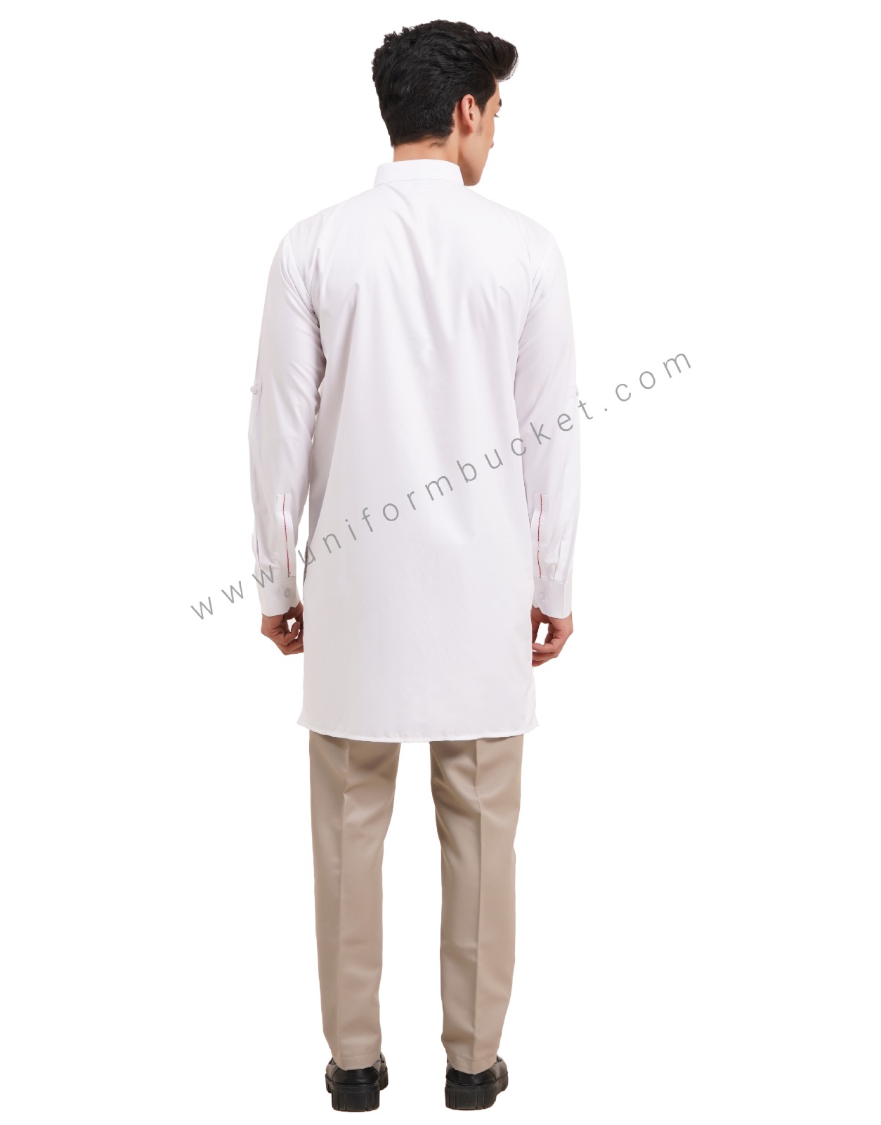 WHITE MALE LONG KURTI WITH BEIGE PIPING ON PLACKET thumbnail 4